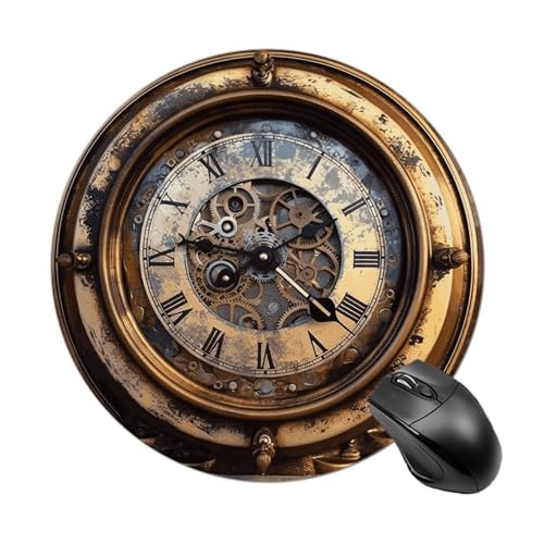 Rundes Mauspad, Steampunk-Uhr, rutschfeste Gummiunterseite, kleines Mauspad, wasserdicht, Mauspad für Computer, Laptop, 20 x 20 cm von RKJVB