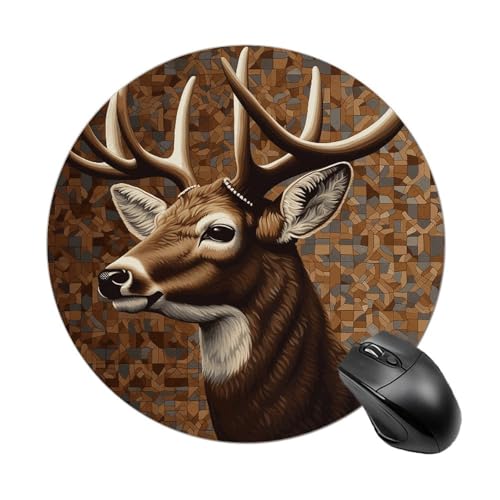 Rundes Mauspad mit Hirsch auf braunem Hintergrund, rutschfeste Gummiunterseite, kleines Mauspad, wasserdichtes Mauspad für Computer, Laptop, 20 x 20 cm von RKJVB