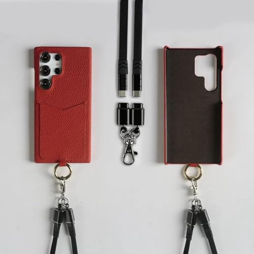 Lederhülle für Samsung Galaxy S25 Ultra S24 S23 S21fe S22 Note20, Umhängegurt, Kartenfach (für Samsung Galaxy S20 FE/Rot-Schwarzes Armband) von RKSHC