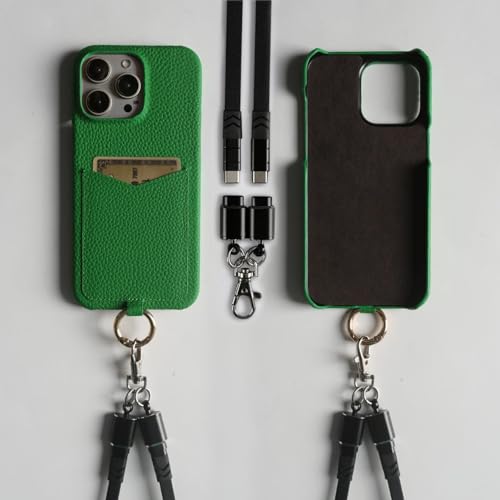 RKSHC Multifunktionales Ladekabel-Lanyard-Lederetui für iPhone 16 Pro Max 15pro 11 13 12 14pro Crossbody-Gurt mit Kartenfach (für iPhone 13 Pro Max/Grün-Schwarzes Armband) von RKSHC