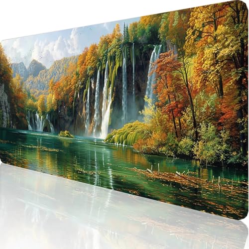 Gaming Mauspad Landschaft Motiv, Fallen Mousepad XXL 600x300x3mm, Wasserfest Anti-Rutsch Schreibtisch Mouse Pad verbessert Präzision und Geschwindigkeit, Gaming Zubehör für Office Zimmer Deko H-5-P von RNXAOPEN