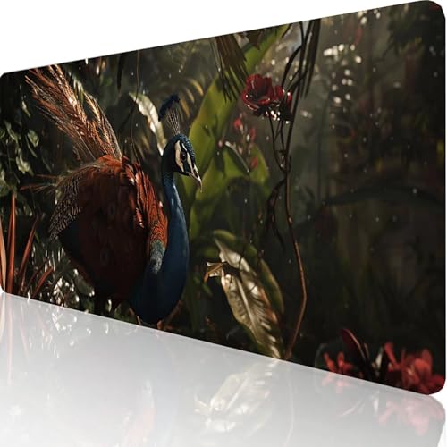 Gaming Mauspad Wald Motiv, Pfau Mousepad XXL 800x400x3mm, Wasserfest Anti-Rutsch Schreibtisch Mouse Pad verbessert Präzision und Geschwindigkeit, Gaming Zubehör für Office Geschenk Zimmer Deko I-8-H von RNXAOPEN