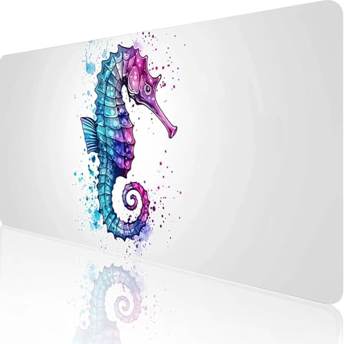 Gaming Mauspad Weiß Motiv, Seepferdchen Mousepad XXL 800x400x3mm, Wasserfest Anti-Rutsch Schreibtisch Mouse Pad verbessert Präzision und Geschwindigkeit, Gaming Zubehör für Office Zimmer Deko 6-C-6 von RNXAOPEN