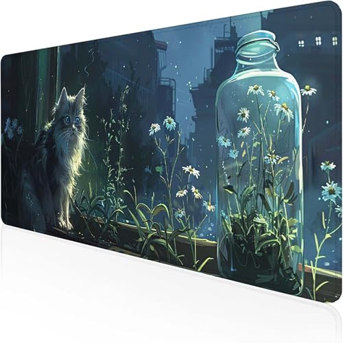 Katze Mauspad 600 x 300 mm, Gaming Mauspad Blau Schreibtischunterlage with Stitched Edges Wassxerdicht Non-Slip Rubber Base Desk Mat für Pc, Büro Gaming Zubehör Laptop, Geschenke für Männer A-D von RNXAOPEN