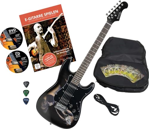 Rocktile Pro ST60-SK E-Gitarre Skull mit Zubehör (Gitarre Gigbag Tasche, Kabel, Plektren, Gitarren Schule mit CD & DVD, Satz Gitarrensaiten) von ROCKTILE