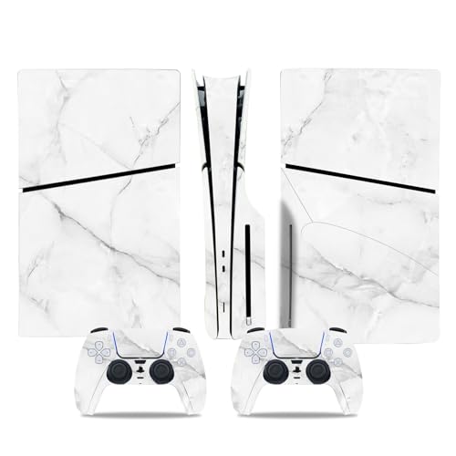 PS5 Slim Disc Version Skin für Konsole und Controller, Vinyl-Aufkleber Playstation 5 Slim Skins Wrap Decal Cover Schutzzubehör für PS5 Slim Disc Edition (weißer Marmor) von ROIPIN