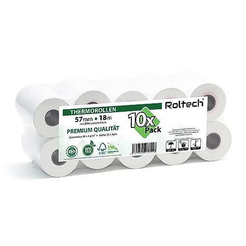 ROLTECH | 10 Thermorollen | 57mm x 18m x 12mm | mit SEPA-Lastschrifttext | BPA frei | EC Cash | Kassenrollen | Thermopapier | Bonrollen | Premium Qualität (10 Rollen) von ROLTECH