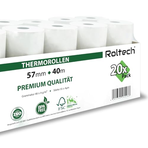 ROLTECH | 20 Thermorollen | 57mm x 40m x 12mm | BPA frei | EC Cash | Kassenrollen | Thermopapier | Bonrollen | Premium Qualität (20 Rollen) von ROLTECH