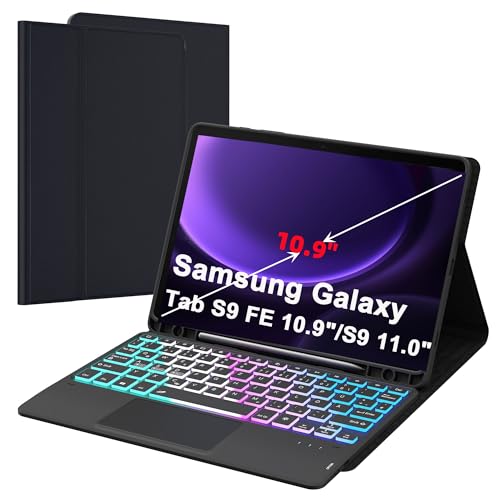 ROOFEI Galaxy Tab S9/S9 FE Hülle mit Tastatur: 11 Zoll Galaxy Tab S9 Abnehmbar Tastatur mit Touchpad, 3-Zozen-7-Farbige Beleuchtung - Kabellose Deutsches QWERTZ-Layout Tastatur für Samsung Tab S9 FE von ROOFEI