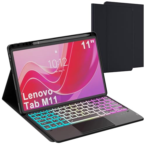 für Lenovo Tab M11 2024 11 Zoll Hülle mit Tastatur: 7-Farbige Beleuchtung QWERTZ Deutsches Tastatur mit Trackpad - Abnehmbar Tastatur Schutzhülle mit Pencil Halter für Lenovo Tab M11 (TB330/TB331) von ROOFEI