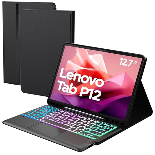 für Lenovo Tab P12 12,7 Zoll Hülle mit Abnehmbare Tastatur : DIY 3-Zonen 7-Farbige Beleuchtung Tastatur mit Trackpad - QWERTZ Tastatur Hülle mit Stifthalter für Lenovo Tab P12 12.7" 2023, Schwarz von ROOFEI