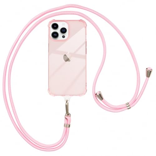 ROSEHUI Handykette Hülle für iPhone 14 Pro Max mit Band, Rundum Anti-Fall Airbag Rahmen Necklace Transparent Handyhülle Silikon Case zum Umhängen Kordel Abnehmbar Stoßfeste Schutzhülle,Rosa von ROSEHUI