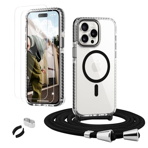 Micoden Handyhülle für iPhone 14 Pro [Abnehmbar Handykette Umhängen] Kompatible with Magsafe Necklace Hülle Durchsichtig Silikon Case mit Band, mit 2 Stück Glas Schutzfolie Schutzhülle,Schwarz von ROSEHUI