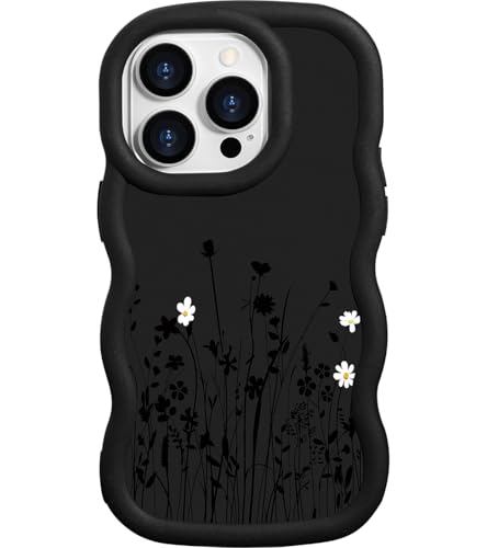 ROSEHUI Hülle für iPhone 13 Pro Niedliche lockige Wellen Rahmenform Handyhülle für Mädchen mit Blumen Design Cooles Schwarz Flüssig Weich Silikon TPU Case Flexible Stoßfeste Schutzhülle,Floral von ROSEHUI