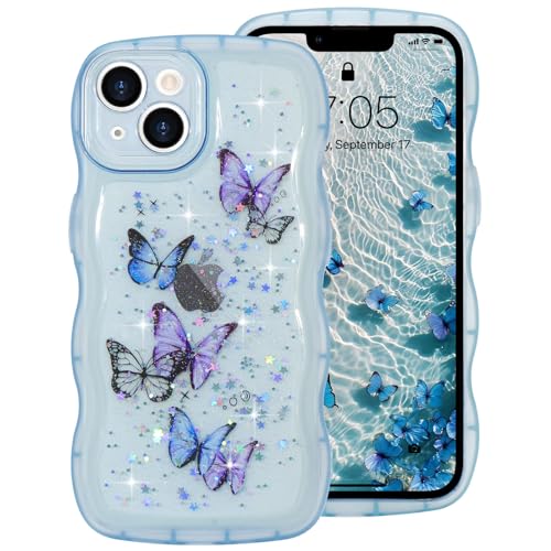 ROSEHUI Hülle für iPhone 14,Schmetterling Handyhülle Niedliche lockige Wellen Rahmenform Bumper Cover Transparent Glitzer Kameraschutz Mädchen Silikon TPU Case Kratzfeste Schutzhülle,Blau von ROSEHUI