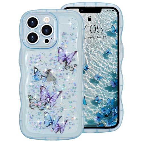 ROSEHUI Hülle für iPhone 14 Pro,Schmetterling Handyhülle Niedliche lockige Wellen Rahmenform Bumper Cover Transparent Glitzer Kameraschutz Mädchen Silikon TPU Case Kratzfeste Schutzhülle,Blau von ROSEHUI