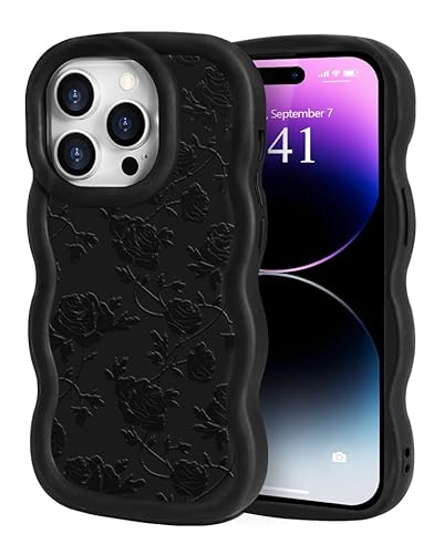 ROSEHUI Hülle für iPhone 14 Pro Max Niedliche lockige Wellen Rahmenform Handyhülle für Mädchen mit Rosen Design Cooles Schwarz Flüssig Weich Silikon TPU Case Flexible Stoßfeste Schutzhülle,Rose von ROSEHUI