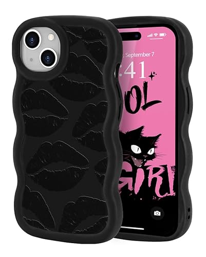 ROSEHUI Hülle für iPhone 15 Niedliche lockige Wellen Rahmenform Handyhülle für Mädchen mit Sexy Lip Print Design Cooles Schwarz Flüssig Weich Silikon TPU Case Flexible Stoßfeste Schutzhülle,Lippen von ROSEHUI