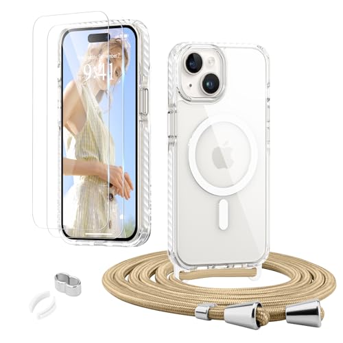 Micoden Handyhülle für iPhone 15 [Abnehmbar Handykette Umhängen] Kompatible with Magsafe Necklace Hülle Durchsichtig Dünn Silikon Case mit Band, mit 2 Stück Glas Schutzfolie Schutzhülle,Weiß von ROSEHUI