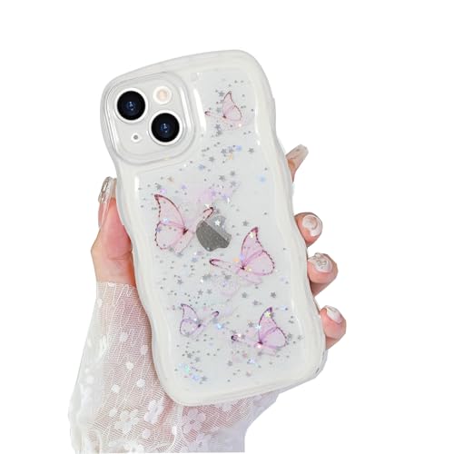 ROSEHUI Hülle für iPhone 13,Schmetterling Handyhülle Niedliche lockige Wellen Rahmenform Bumper Cover Transparent Glitzer Kameraschutz Mädchen Silikon TPU Case Kratzfeste Schutzhülle,Weiß von ROSEHUI