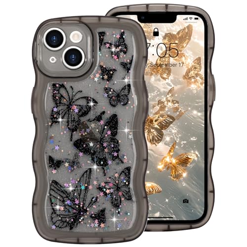 ROSEHUI Hülle für iPhone 14,Schmetterling Handyhülle Niedliche lockige Wellen Rahmenform Bumper Cover Transparent Glitzer Kameraschutz Mädchen Silikon TPU Case Kratzfeste Schutzhülle,Schwarz von ROSEHUI