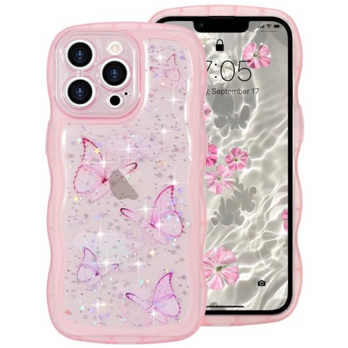 ROSEHUI Hülle für iPhone 14 Pro Max,Schmetterling Handyhülle Niedliche lockige Wellen Rahmenform Bumper Cover Transparent Glitzer Kameraschutz Mädchen Silikon TPU Case Kratzfeste Schutzhülle,Rosa von ROSEHUI