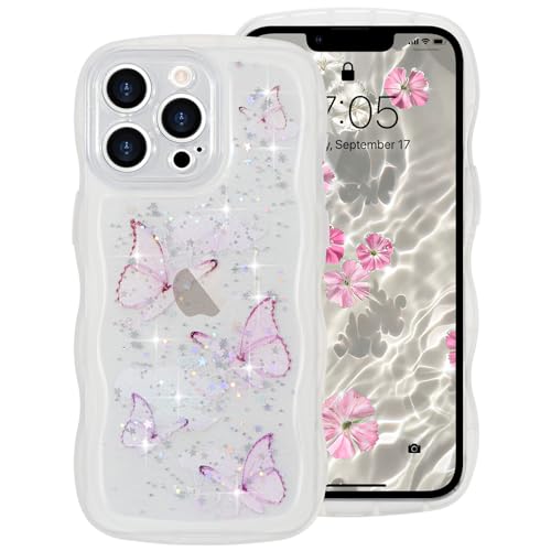 ROSEHUI Hülle für iPhone 15 Pro Max,Schmetterling Handyhülle Niedliche lockige Wellen Rahmenform Bumper Cover Transparent Glitzer Kameraschutz Mädchen Silikon TPU Case Kratzfeste Schutzhülle,Weiß von ROSEHUI