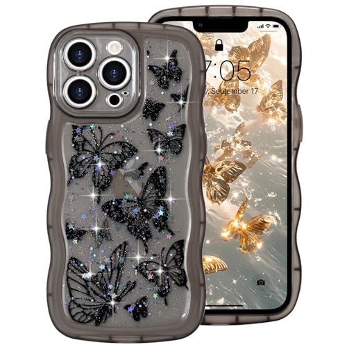 ROSEHUI Hülle für iPhone 15 Pro Max,Schmetterling Handyhülle Niedliche lockige Wellen Rahmenform Bumper Cover Transparent Glitzer Kameraschutz Mädchen Silikon TPU Case Kratzfeste Schutzhülle,Schwarz von ROSEHUI