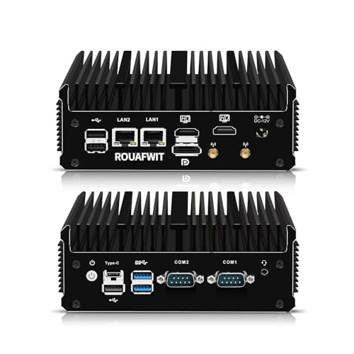 ROUAFWIT Mini PC Industrial Lüfterlos 12th Gen N100, 8G RAM 256G M.2 NVME SSD Micro Desktop Computer Büro Fanless PC, Dual i226V 2.5GbE LAN, 2 COM, WiFi/BT, 3 Display von ROUAFWIT