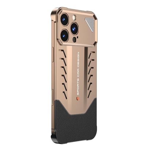 RQAMRCU Hülle Für iPhone 16 Pro Max/16 Pro/16 Plus/16, Metall Mit Lederhülle Schlanke Rahmenlose Handyhülle Tropfen-Wärmeableitungs Handytasche(Brass,16) von RQAMRCU