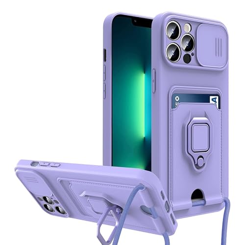 RQAMRCU Hülle Für iPhone 16 Pro Max/16 Pro/16 Plus/16, Verschiebbare Objektivabdeckung Telefona Hülle Lanyard Kartensteckplatz Handytasche Ständer Handyhülle(Purple,16) von RQAMRCU