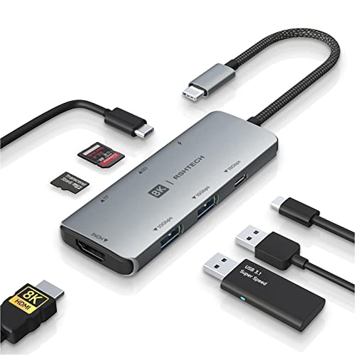 8K USB C Hub 7-in-1, RSHTECH Aluminum USB C Docking Station Adapter mit 8K HDMI, 10Gbps USB-C & 2 USB-A Datenports, 100W PD und SD/TF Kartenleser, USB C 3.2 Gen2 Hub für MacBook Pro und mehr, RSH-T02 von RSHTECH