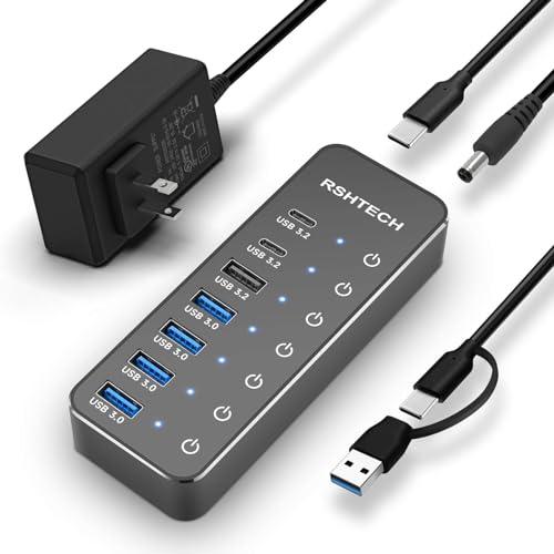 RSHTECH 7-Port Powered USB 3.2/USB C Hub with 10Gbps USB-A 3.2, 2 USB-C 3.2, 4 USB 3.0 Ports, Individual Touch Switches, 3.3ft Cable and 5V/3A Power Adapter, USB Hub Splitter for Laptop/PC, RSH-ST07C von RSHTECH