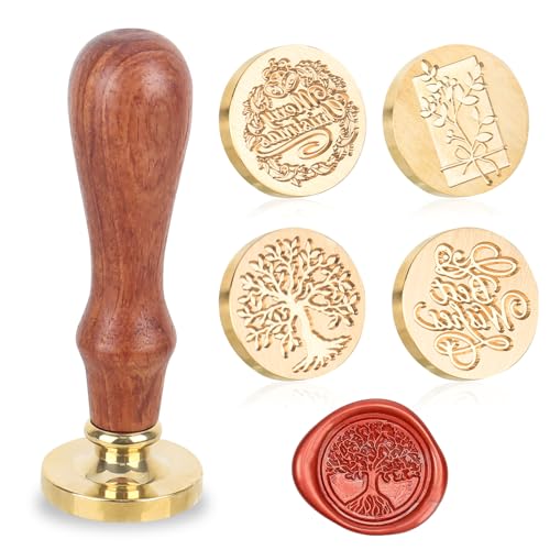 RUCUDIM Siegelstempel Vintage Messing Wachssiegel Stempel Altmodisches Kit wachsstempel set Abnehmbarer Messingkopf Siegelstempel Mit Holzgriff für Hochzeit Wachsstempel Einladung DIY Geschenk(4PCS) von RUCUDIM