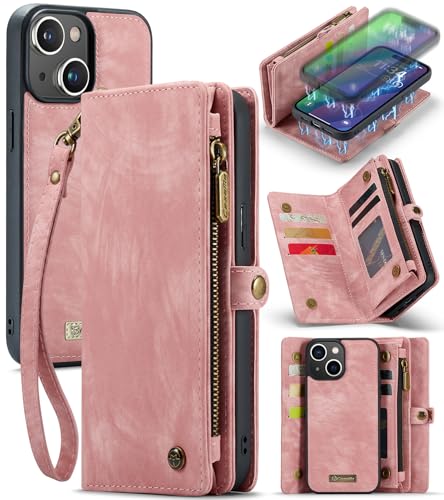 RUEBCOAK Leder Hülle für iPhone 15 Plus, Handgemacht 2in1 Abnehmbarer Flip Brieftasche Reißverschluss Etui mit Card Slots und magnetischer Back Cover Case für iPhone 15 Plus (Rosa) von RUEBCOAK