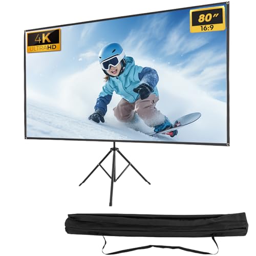 Leinwand Beamer, Projector Screen mit Stativ, Tragbar Projektor Leinwand, 80 Zoll, 16:9, 4K HD, 160-Grad-Betrachtungswinkel, 40-80cm Höhenverstellbar, für Heimkino, Innen- und Außenprojektion von RUETERY