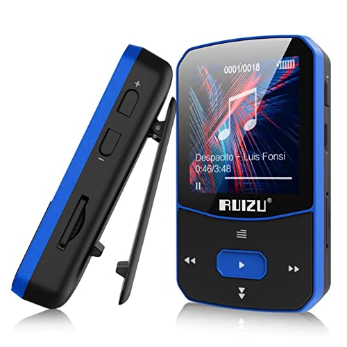 MP3 Player Bluetooth 5.0 Sport Musik Player mit Clip mit 1,5 Zoll TFT Farbbildschirm, 16GB Unterstützt bis 128GB SD Karte，mit unabhängiger Lautstärketaste, FM Radio, Schrittzähler (Blau, 16GB) von RUIZU