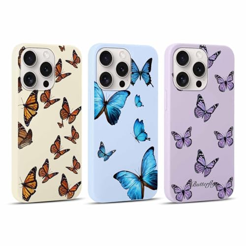 RUMDEY Ästhetische Schmetterlings-Schutzhülle für Apple iPhone 16 Pro, 16 cm (6,3 Zoll), matt, weich, schlank, stoßfest, TPU, für iPhone 16 Pro mit Design, Blau & Lila & Beige, 3 Stück von RUMDEY