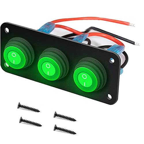 RUNCCI-YUN 12V/24V Schalter Panel, 3 Gang ，Auto Kippschalter Panel, Wasserdicht 3 Polig 2 Position Runden Wippschalter Kippschalter Panel mit Grün LED Licht für RV, Auto, Yacht, Marine von RUNCCI-YUN