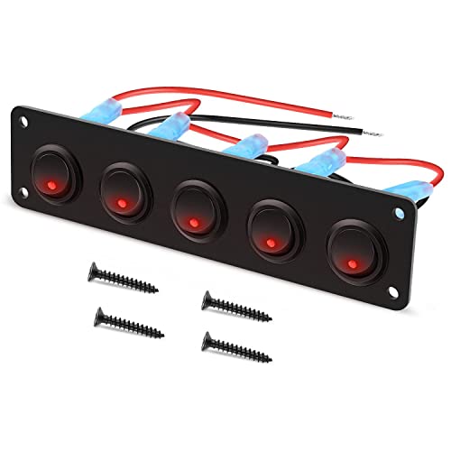 RUNCCI-YUN 12V/24V Schalter Panel, 5 Gang ，Auto Kippschalter Panel, SPST 3 Polig 2 Position Runden Wippschalter Kippschalter Panel mit Rot LED Licht für RV, Auto, Yacht, Marine (12-24V) von RUNCCI-YUN