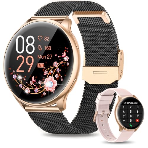 RUXINGX Smartwatch Damen mit Telefonfunktion, 1,32 Zoll HD Voll Touchscreen, IP68 Fitness Tracker mit SpO2 Pulsuhr Menstruationszyklus Schlafmonitor Schrittzähler Kalorien iOS Android Schwarz Gold von RUXINGX