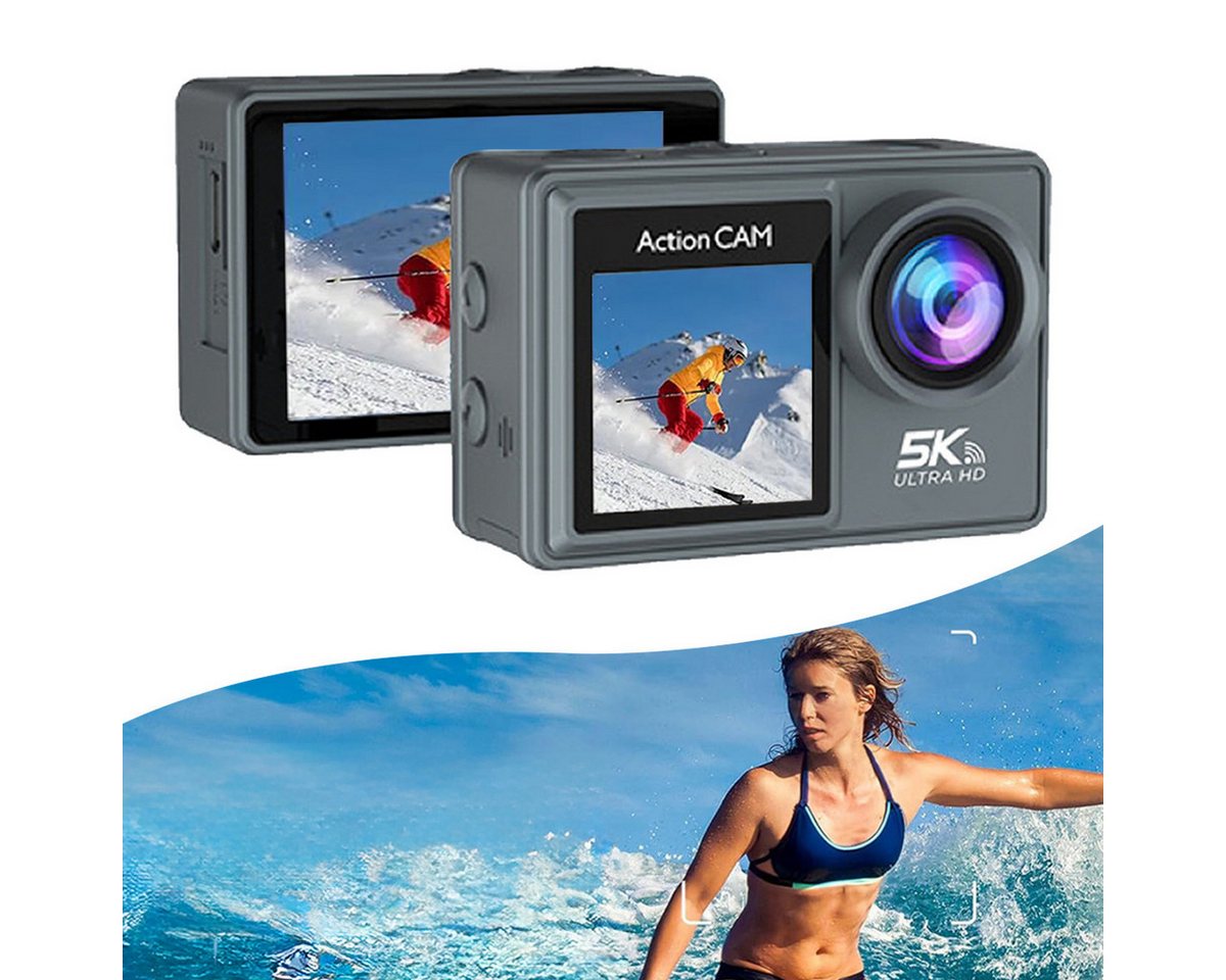 RWEUOQ Action-Cam 5K SportKamera Wasserdichte, mit drahtloser Fernbedienung Action Cam (mit wasserdichtem Gehäuse, Doppeltes Touchscreen-Design, EIS 6-Achsen-Stabilisierungstechnologie, Instant Share Funktion) von RWEUOQ