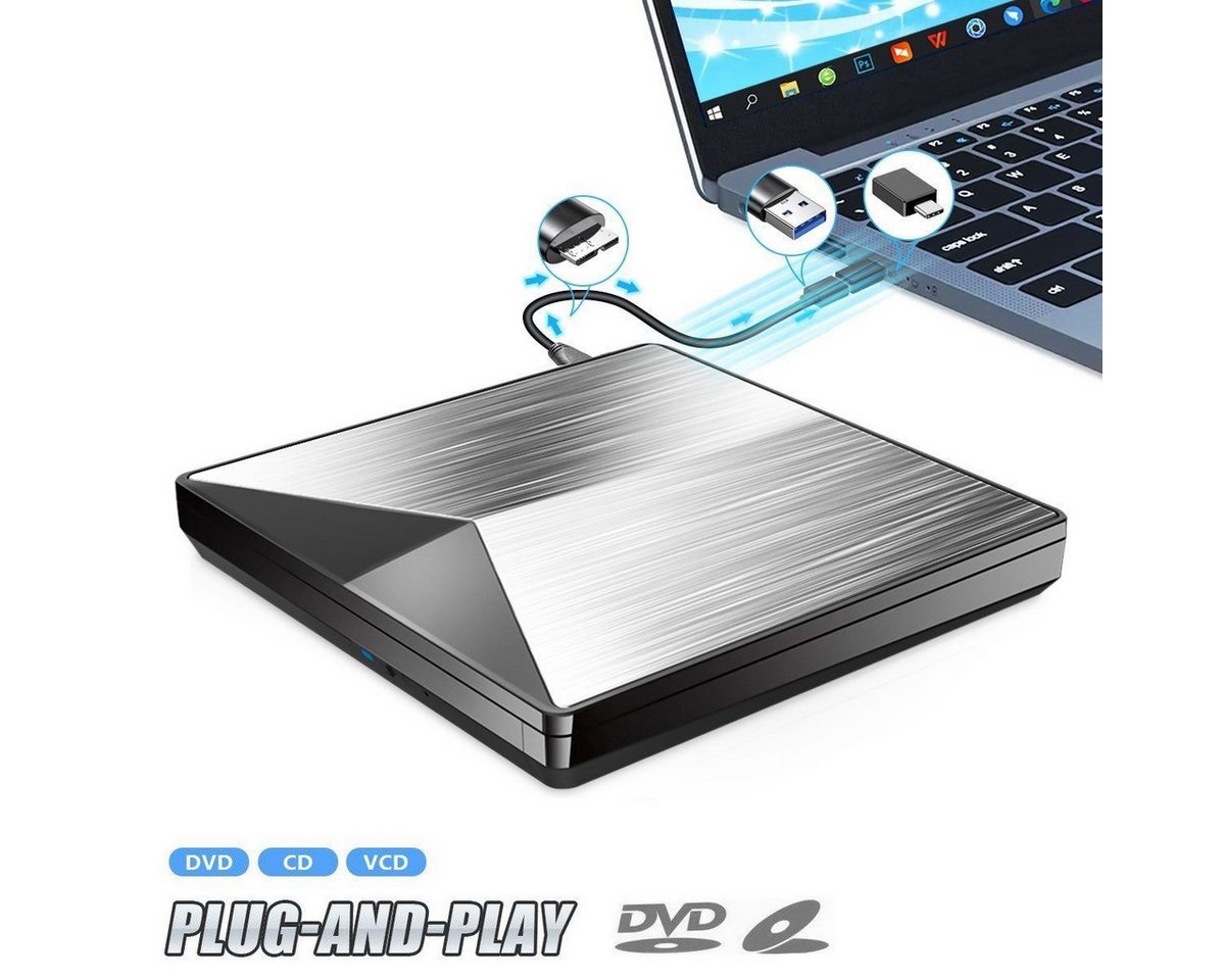 RWEUOQ Externes CD-DVD-Laufwerk, DVD/CD Brenner mit Type-C, USB 3.0 tragbar DVD-Brenner (Ultra-Slim DVD-Player) von RWEUOQ