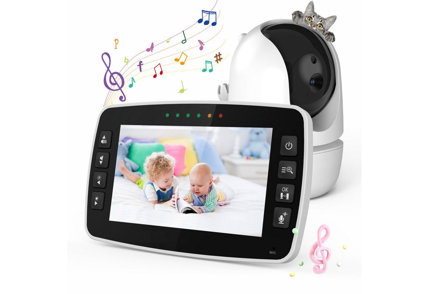 RWEUOQ Video-Babyphone Baby Monitor 4,3 Zoll mit Kamera und Audio, Baby überwachungskamera, Fernsteuerbare Schwenk- und Neige-Funktion, Zoom, Nachtsicht, 1-tlg., VOX-Modus, Temperaturüberwachung, Schlaflieder, Zwei-Wege-Audio von RWEUOQ