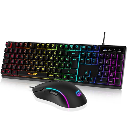 Maus und Tastatur Gaming Büro,RaceGT Tastatur Kabel RGB Beleuchtet LED Hintergrundbeleuchtung Wasserdicht 104 Tasten, Kabel Maus mit 7 Tasten 6400 DPI für PC Gamer Laptop QWERTZ (DE-Layout) von RaceGT