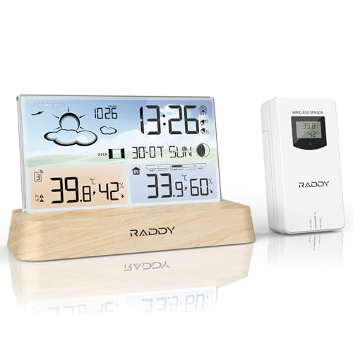 Raddy DT6 Wetterstation Indoor Outdoor, DCF Funkuhr, Digitales Farbdisplay Indoor und Outdoor Thermometer Hygrometer, Heim-Wetterstation mit Wettervorhersage und Barometer von Raddy