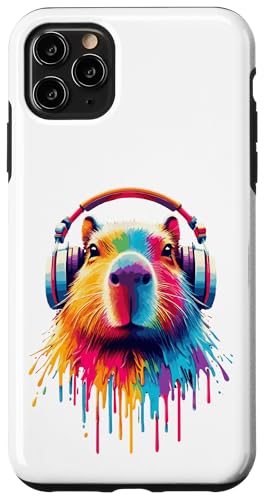 Hülle für iPhone 11 Pro Max Bunte Capybara trägt Kopfhörer, coole Regenbogen-Tierkunst von Rainbow Capybara Art Wearing Headphones Shirts