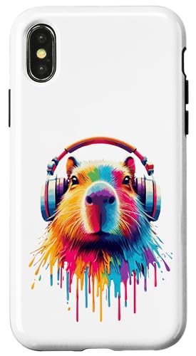 Hülle für iPhone X/XS Bunte Capybara trägt Kopfhörer, coole Regenbogen-Tierkunst von Rainbow Capybara Art Wearing Headphones Shirts