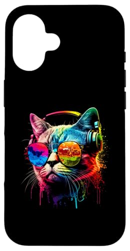 Hülle für iPhone 16 DJ Katze mit Sonnenbrille Kopfhörer Musik Funny Kitty von Rainbow DJ Animal Headphones Music Co