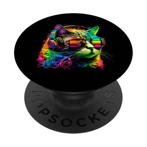 Rainbow DJ Katze mit Sonnenbrille Kopfhörer Musik Funny Kitty PopSockets Klebender PopGrip von Rainbow DJ Cat Headphones Music Co